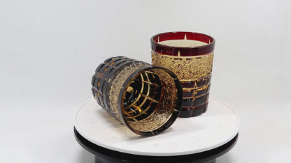 JP-021 Japanese Style Hand Cut To Blue and Amber Tinted Glass Whiskey Tumbler Rocks Glass Tumbler Edo Kiriko's Checked Chrysanthemum Pattern