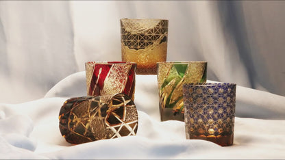 JP-038  250 ml  Japanesque Style Blue and Amber Color Cased Glass Whiskey Tumblers with Hand Engraved Mountain Chrysanthemum Pattern