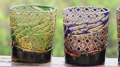 JP-031  Hand blown Blue and Amber Colored Glass Whiskey Tumblers with Handcraft Carved Diamond Pattern