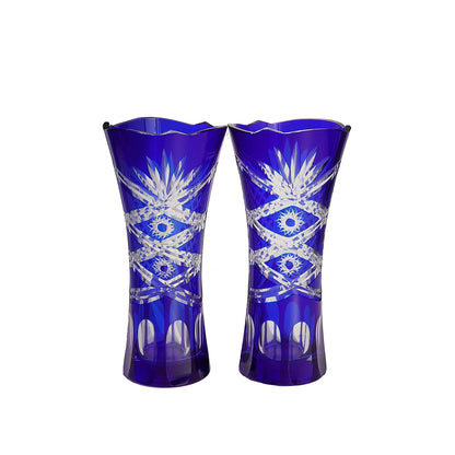 Middle size Height:175mm Hand engraved and blue colored glass flower vase with hand carved sunflower and butterfly design