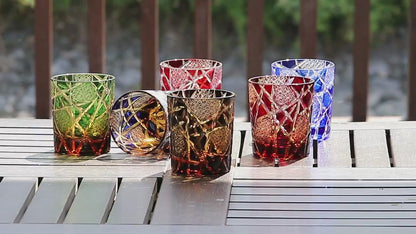 JP-042 240 ml Japannish Edo Kiriko Ruby Red  Amber Tinted  Glass Whiskey Tumbler With Classic Hand Cut Lightning Streaks Pattern