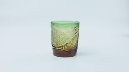 JP-030 250 ml Blue and Amber Tinted Glass Whiskey Cup With Hand Cut Classic Chrysanthemum And Fans 2 different Design