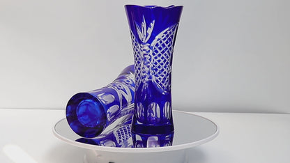 Middle size Height:175mm Hand engraved and blue colored glass flower vase with hand carved sunflower and butterfly design