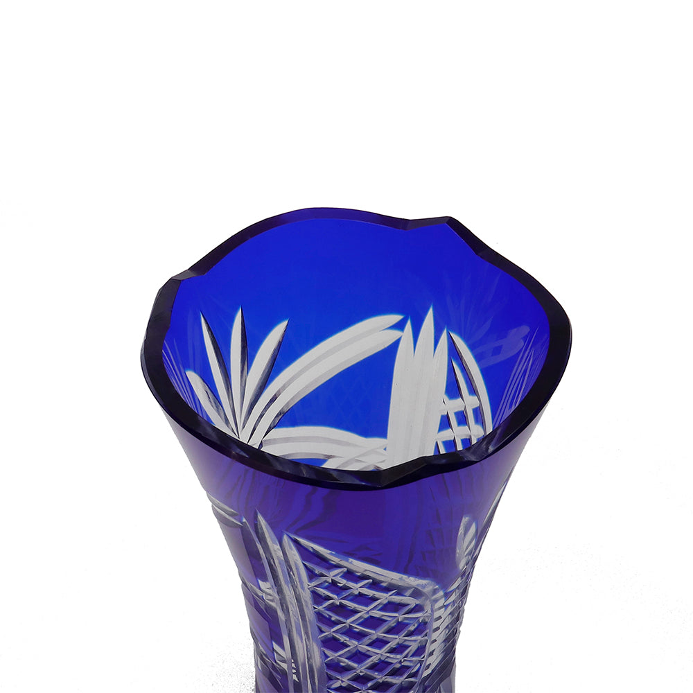 Middle size Height:175mm Hand engraved and blue colored glass flower vase with hand carved sunflower and butterfly design