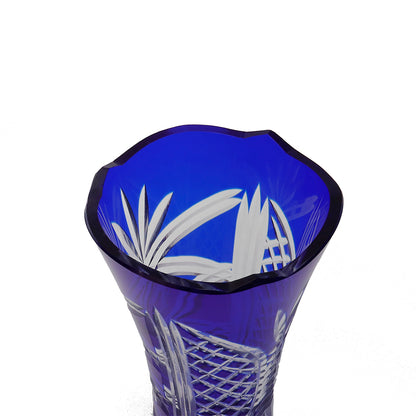 Middle size Height:175mm Hand engraved and blue colored glass flower vase with hand carved sunflower and butterfly design