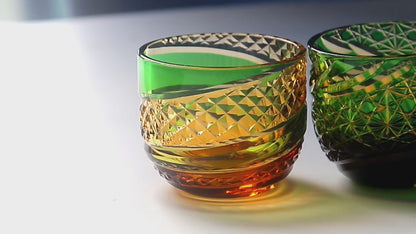 QJ-09 60 ML Japanese Style Hand Cut Kiriko Green and Amber Colored Cold Sake Glass,Chilled Sake Glass ,Small Shot Glass