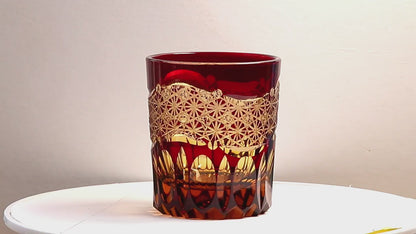 JP-054  250 ml  Japanesque Style Blue and Amber Color Cased Glass Whiskey Tumblers with Hand Carved Mountain and Lotus Design