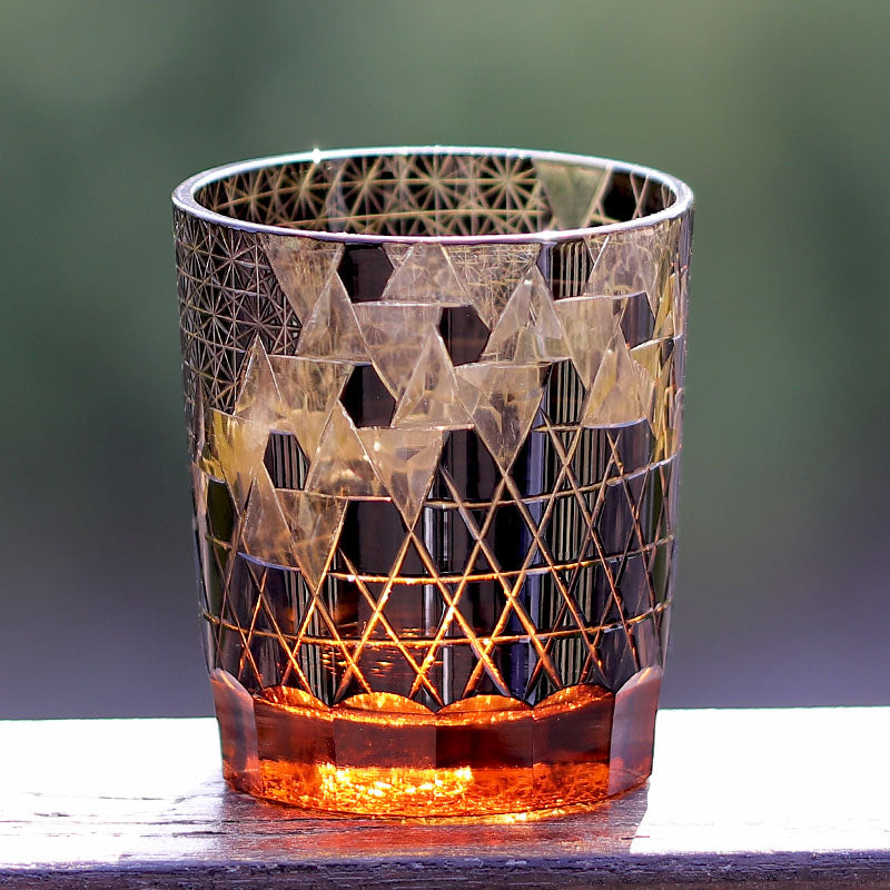 JP-039  250 ml Black and Amber Overlaid Glass Cold Drinking Glass Tumbler With Hand Carved Geometric Design
