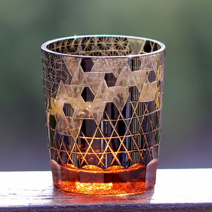JP-039  250 ml Black and Amber Overlaid Glass Cold Drinking Glass Tumbler With Hand Carved Geometric Design