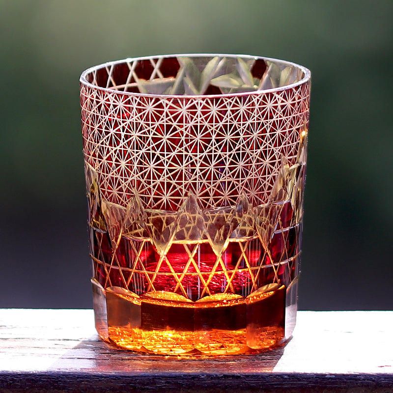 JP-039  250 ml Ruby Red and Amber Overlaid Glass Cold Drinking Glass Tumbler With Hand Carved Geometric Design