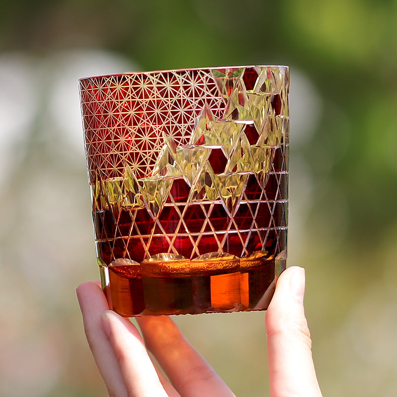 JP-039  250 ml Ruby Red and Amber Overlaid Glass Cold Drinking Glass Tumbler With Hand Carved Geometric Design