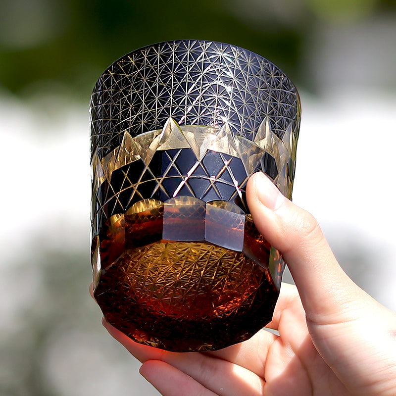 JP-039  250 ml Black and Amber Overlaid Glass Cold Drinking Glass Tumbler With Hand Carved Geometric Design