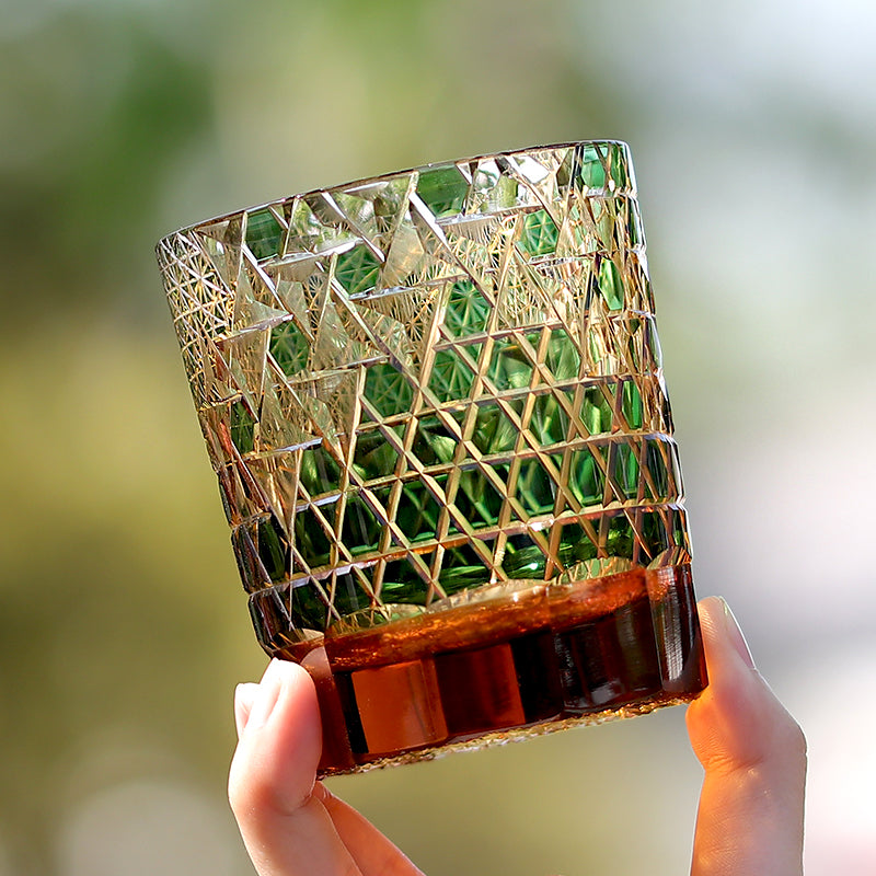 JP-039  250 ml Green and Amber Overlaid Glass Cold Drinking Glass Tumbler With Hand Carved Geometric Design
