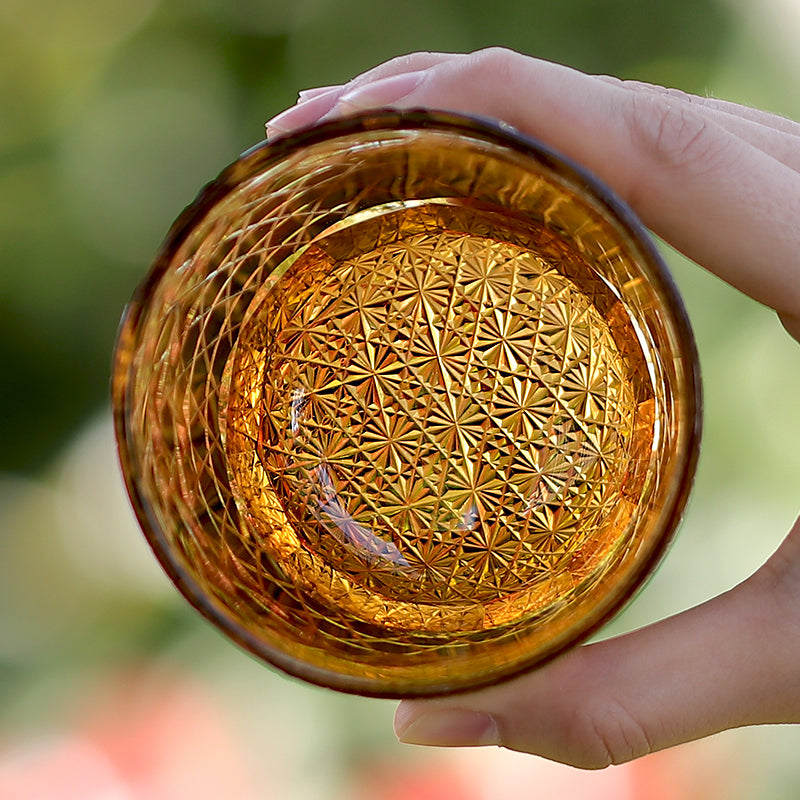 JP-039  250 ml Ruby Red and Amber Overlaid Glass Cold Drinking Glass Tumbler With Hand Carved Geometric Design