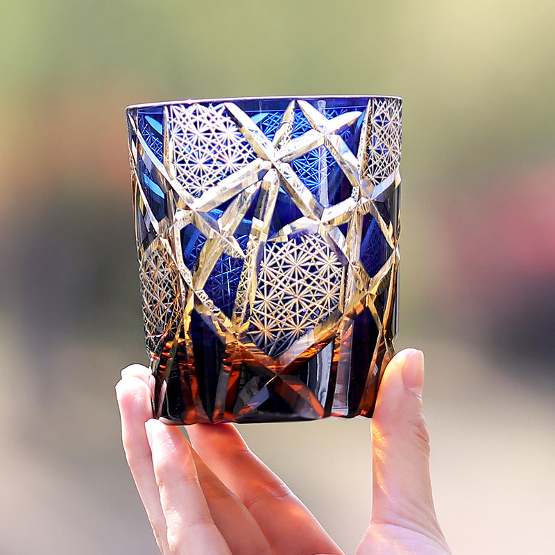 JP-042 Handcrafts Hand Cut To Amber Blue Cased Crystal Glass Whiskey Tumbler Edo Kiriko's Lightning Streaks Pattern