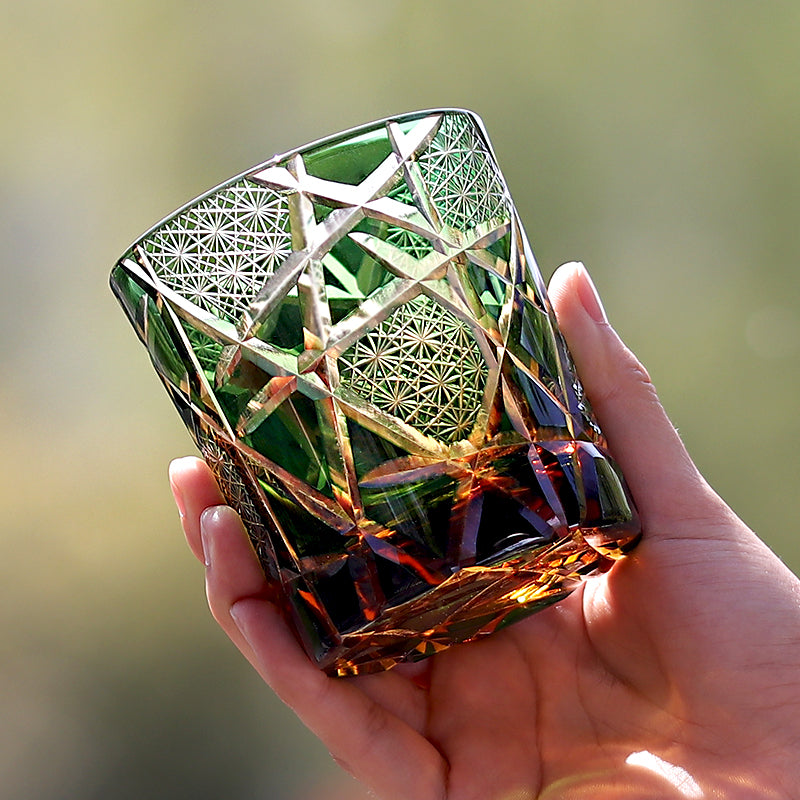 JP-042  8.5 oz Edo Kiriko Style Green Amber Glass Cocktail Whiskey Tumbler Hand Cut Lightning Streaks Pattern