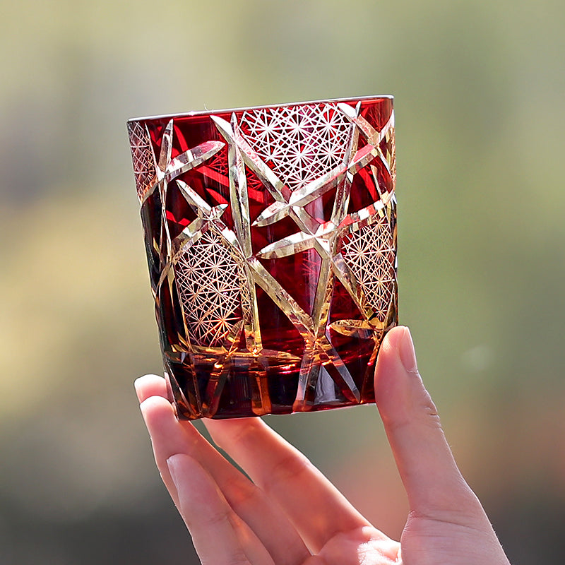 JP-042 240 ml Japannish Edo Kiriko Ruby Red  Amber Tinted  Glass Whiskey Tumbler With Classic Hand Cut Lightning Streaks Pattern