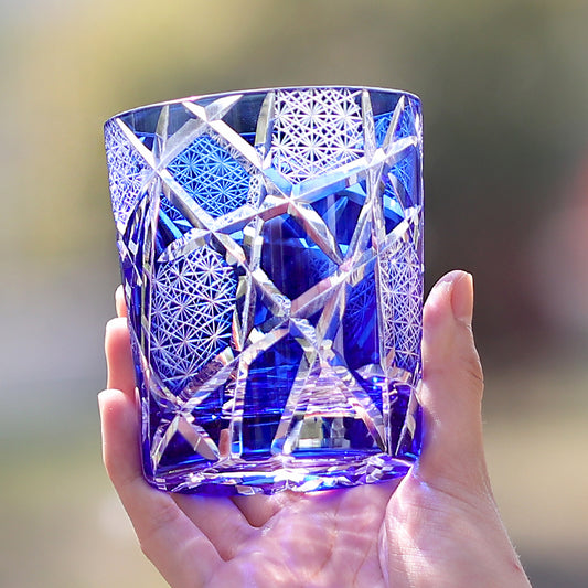 JP-042 240 ml Japanese Style Hand Cut To Clear Blue Cased Crystal Glass Cocktail Whiskey Tumbler With Classic Edo Kiriko's Lightning Streaks Pattern