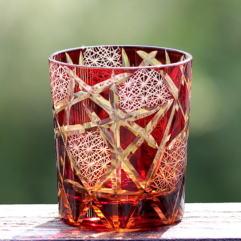 JP-042 240 ml Japannish Edo Kiriko Ruby Red  Amber Tinted  Glass Whiskey Tumbler With Classic Hand Cut Lightning Streaks Pattern
