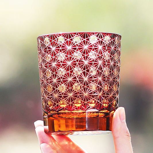JP-022  Ruby red and amber color cased Glass Whiskey Tumblers with classic Japanesque Hand cut design
