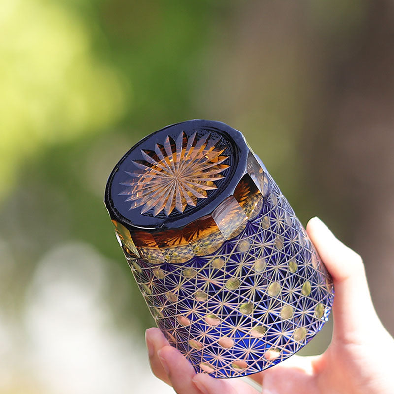 JP-022  240ml Edo Kiriko Old Fashioned Glass Tumbler Blue and amber color cased Glass Whiskey Tumblers with classic Japanesque Hand cut design