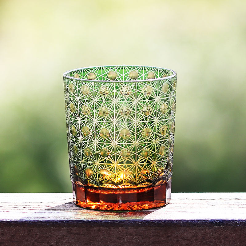 JP-022  Green and amber color cased Glass Whiskey Tumblers with classic Japanesque Hand cut design