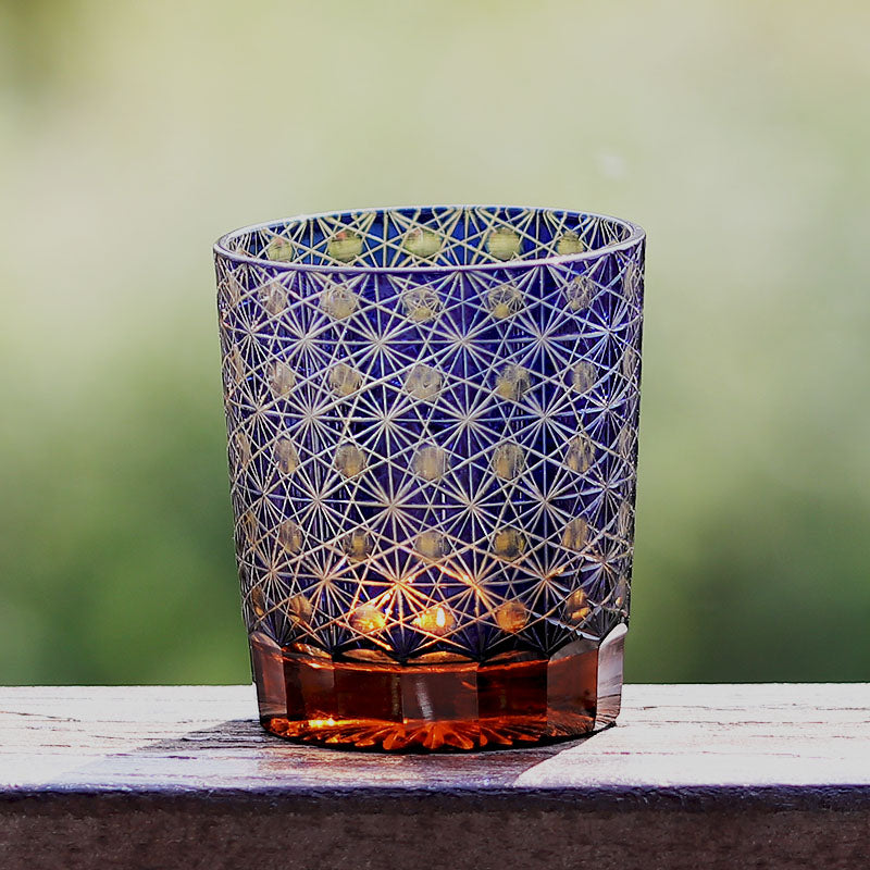 JP-022  240ml Edo Kiriko Old Fashioned Glass Tumbler Blue and amber color cased Glass Whiskey Tumblers with classic Japanesque Hand cut design