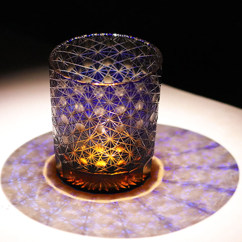 JP-022  240ml Edo Kiriko Old Fashioned Glass Tumbler Blue and amber color cased Glass Whiskey Tumblers with classic Japanesque Hand cut design