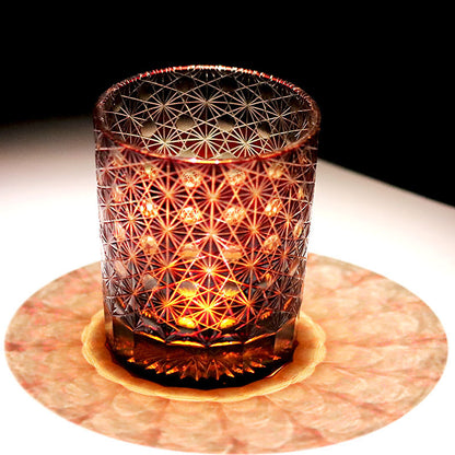 JP-022  Ruby red and amber color cased Glass Whiskey Tumblers with classic Japanesque Hand cut design