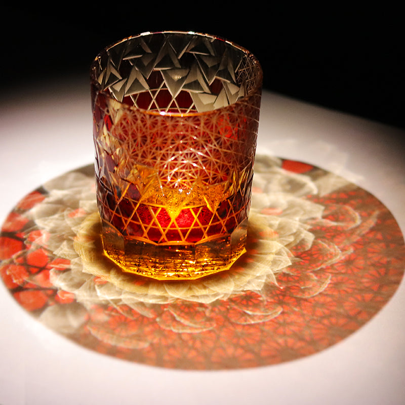 JP-039  250 ml Ruby Red and Amber Overlaid Glass Cold Drinking Glass Tumbler With Hand Carved Geometric Design