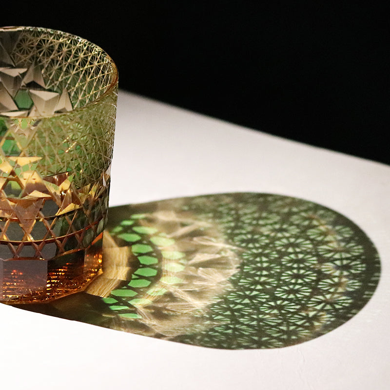 JP-039  250 ml Green and Amber Overlaid Glass Cold Drinking Glass Tumbler With Hand Carved Geometric Design