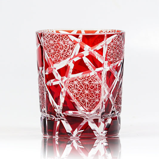 JP-042 Hand Cut To Clear Ruby Red Rocks Whiskey Glass Tumbler With Classic Japanese Edo Kiriko's Lightning Streaks Pattern