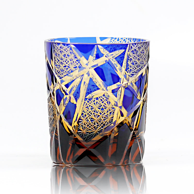 JP-042 Handcrafts Hand Cut To Amber Blue Cased Crystal Glass Whiskey Tumbler Edo Kiriko's Lightning Streaks Pattern