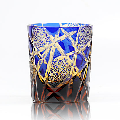JP-042 Handcrafts Hand Cut To Amber Blue Cased Crystal Glass Whiskey Tumbler Edo Kiriko's Lightning Streaks Pattern