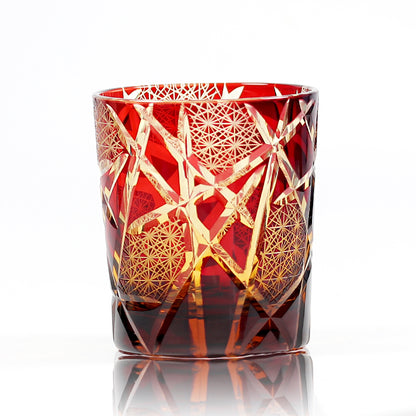 JP-042 240 ml Japannish Edo Kiriko Ruby Red  Amber Tinted  Glass Whiskey Tumbler With Classic Hand Cut Lightning Streaks Pattern