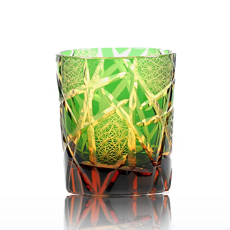 JP-042  8.5 oz Edo Kiriko Style Green Amber Glass Cocktail Whiskey Tumbler Hand Cut Lightning Streaks Pattern