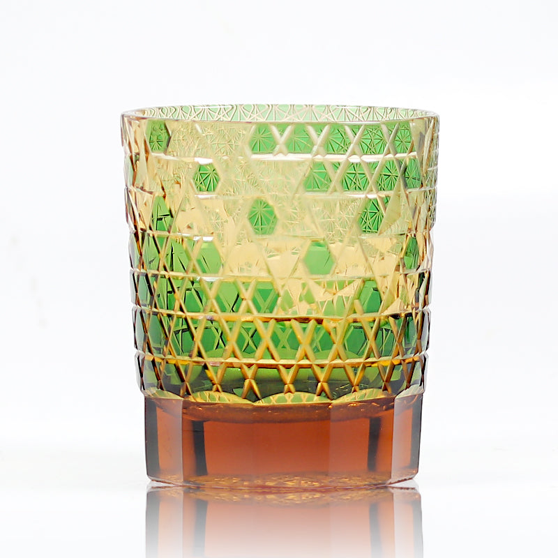 JP-039  250 ml Green and Amber Overlaid Glass Cold Drinking Glass Tumbler With Hand Carved Geometric Design