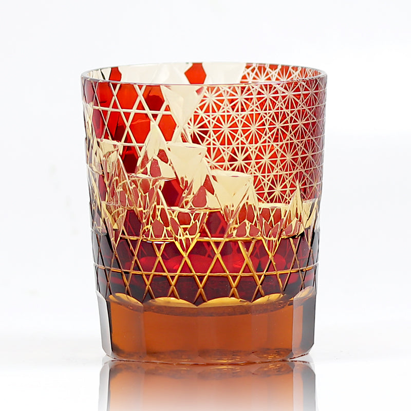 JP-039  250 ml Ruby Red and Amber Overlaid Glass Cold Drinking Glass Tumbler With Hand Carved Geometric Design