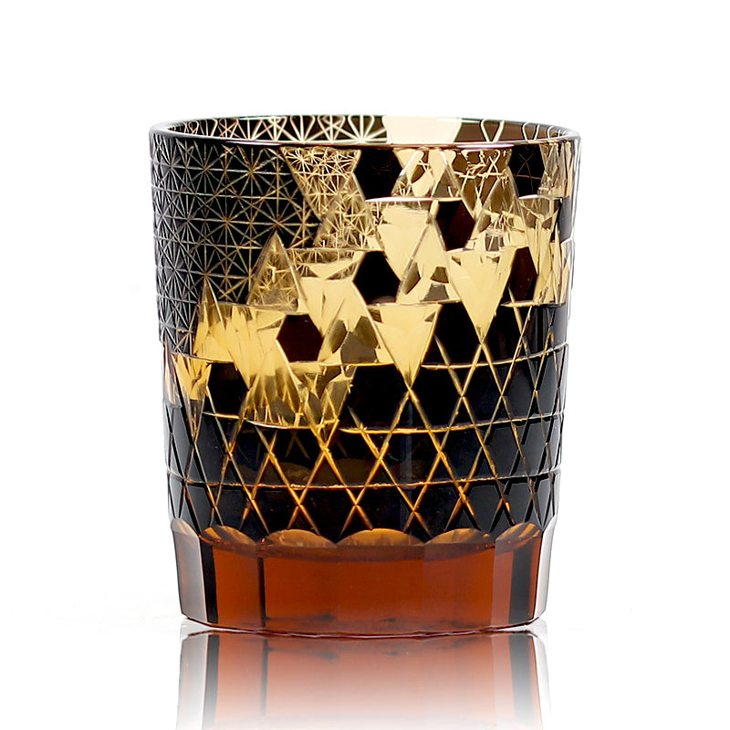 JP-039  250 ml Black and Amber Overlaid Glass Cold Drinking Glass Tumbler With Hand Carved Geometric Design