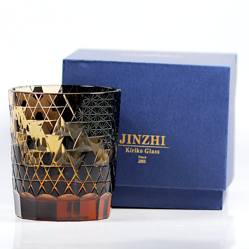 JP-039  250 ml Black and Amber Overlaid Glass Cold Drinking Glass Tumbler With Hand Carved Geometric Design