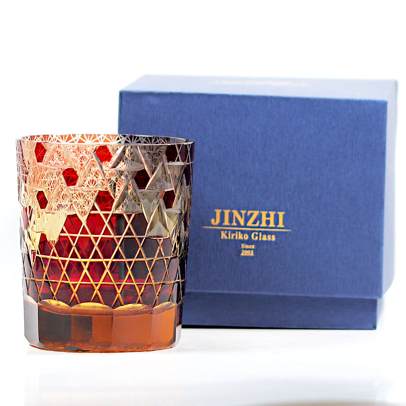 JP-039  250 ml Ruby Red and Amber Overlaid Glass Cold Drinking Glass Tumbler With Hand Carved Geometric Design