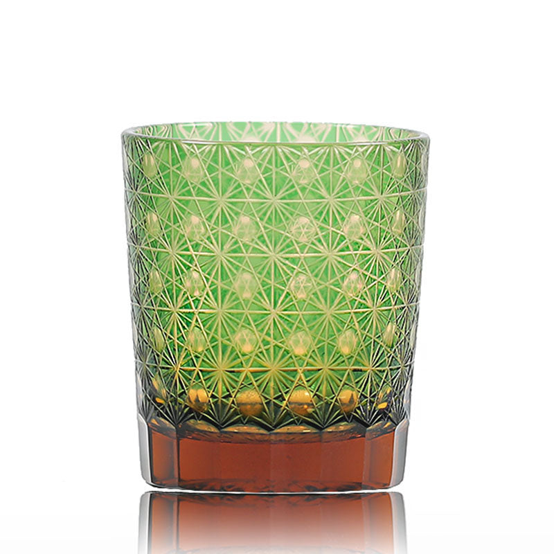 JP-022  Green and amber color cased Glass Whiskey Tumblers with classic Japanesque Hand cut design