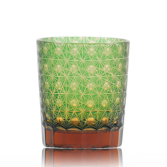 JP-022  Green and amber color cased Glass Whiskey Tumblers with classic Japanesque Hand cut design