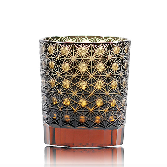 JP-022  Black and amber color cased Glass Whiskey Tumblers with classic Japanesque Hand cut design