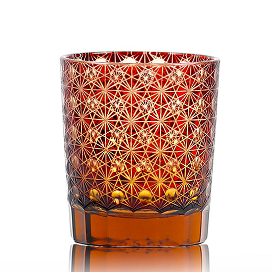 JP-022  Ruby red and amber color cased Glass Whiskey Tumblers with classic Japanesque Hand cut design