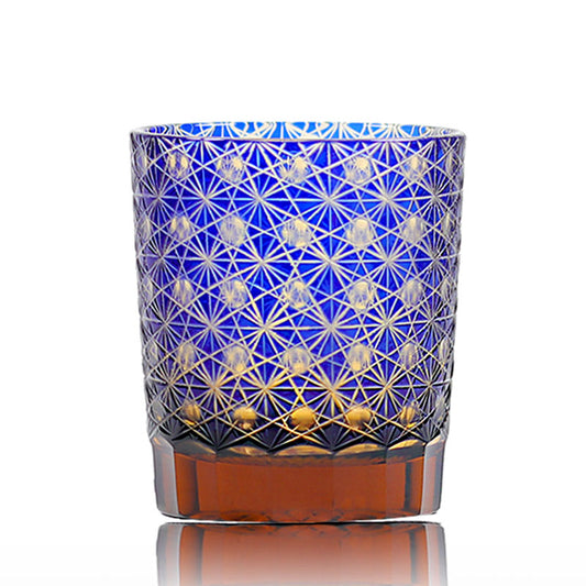JP-022  240ml Edo Kiriko Old Fashioned Glass Tumbler Blue and amber color cased Glass Whiskey Tumblers with classic Japanesque Hand cut design