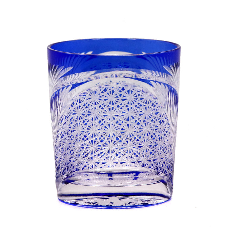 Hand Cut Edo Kiriko Wings Design Whiskey Glass 9oz Clear Blue