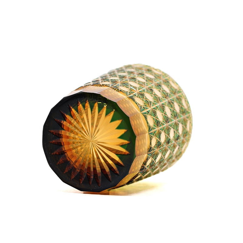 JP-022  Green and amber color cased Glass Whiskey Tumblers with classic Japanesque Hand cut design