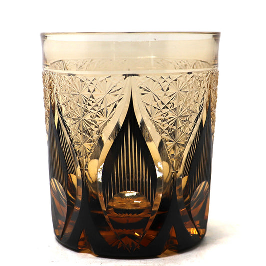 JP-020 25 CL Black and Amber Overlaid Glass Whiskey Tumbler With Hand Engraved candle flame Design