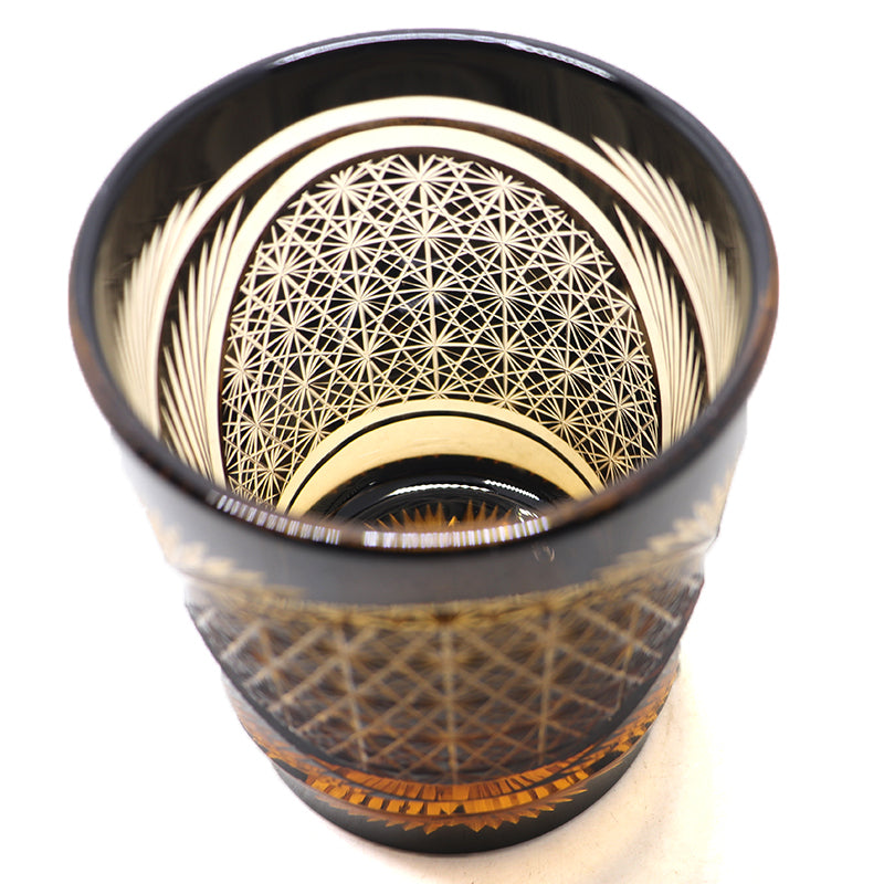 JP-030 250 ml Black and Amber Tinted Glass Whiskey Cup With Hand Cut Classic Chrysanthemum And Fans 2 different Design